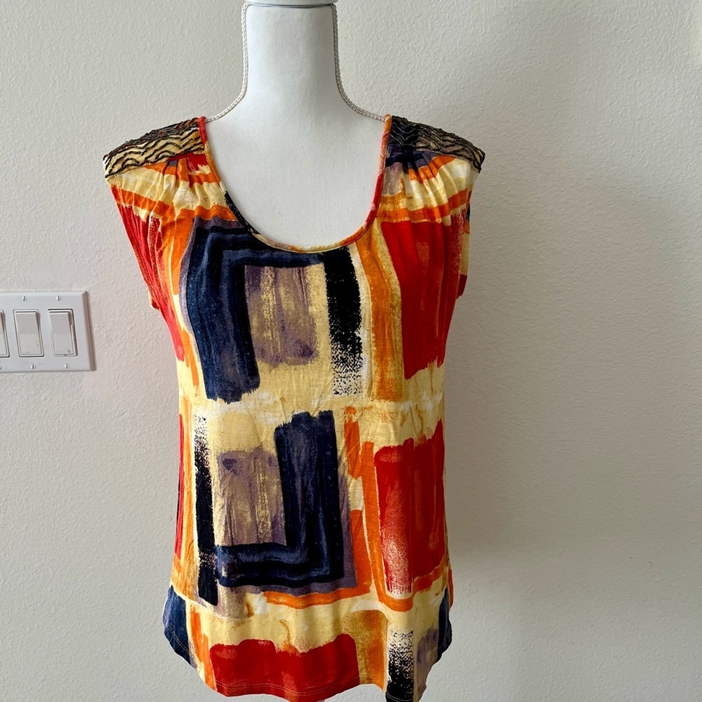 Abstract Print Sleeveless Women’s Top in Red, Navy & Yellow